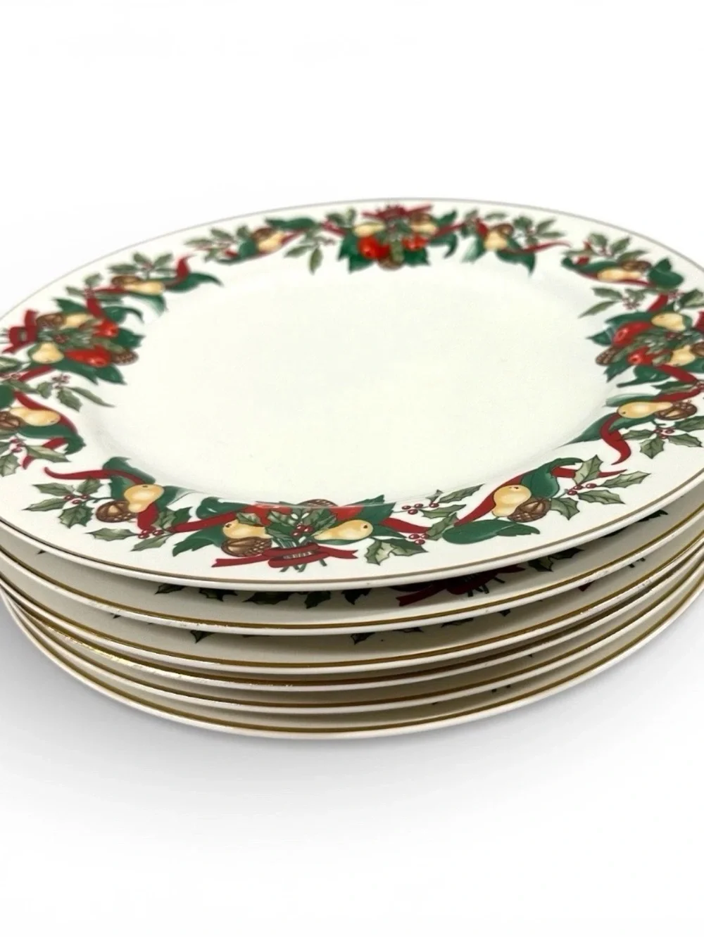 AMC Christmas Bounty Dinner Plates Set of 6 Japan Gold Trim Holiday 10⅜” Vintage